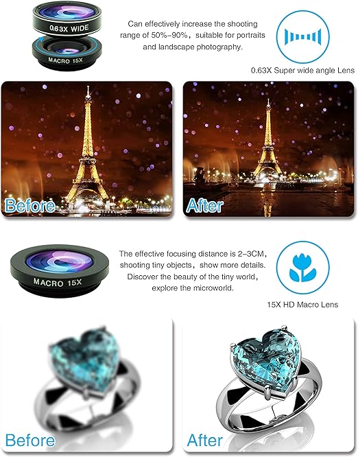 Cell Phone Camera Lens Kit,11 in 1 Universal 20x Telephoto Lens,0.63Wide Angle+15X Macro+198°Fisheye+2X Telephoto+Kaleidoscope+CPL/Starlight/Eyemask/Tripod,for Most iPhone Smartphone (Black) - Image 2