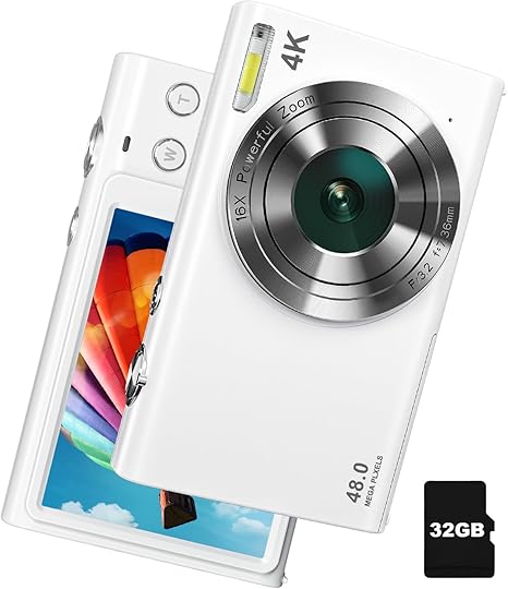 Digital Camera, 4K Autofocus Vlogging Camera with Flash, 48MP Point and Shoot Digital Camera with 16X Zoom, Anti-Shake, 32GB Card, Portable Compact Camera for Teens Adult Beginner(White)