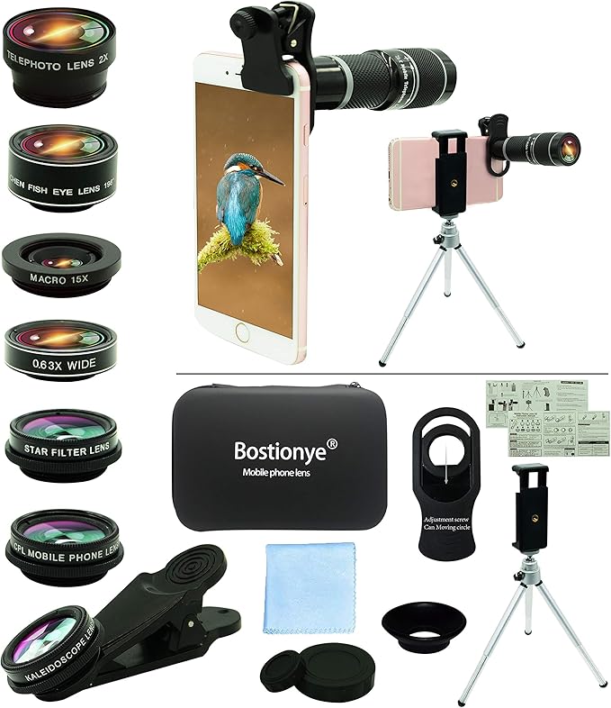 Cell Phone Camera Lens Kit,11 in 1 Universal 20x Telephoto Lens,0.63Wide Angle+15X Macro+198°Fisheye+2X Telephoto+Kaleidoscope+CPL/Starlight/Eyemask/Tripod,for Most iPhone Smartphone (Black)