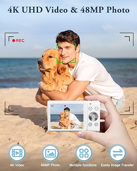 Digital Camera, 4K Autofocus Vlogging Camera with Flash, 48MP Point and Shoot Digital Camera with 16X Zoom, Anti-Shake, 32GB Card, Portable Compact Camera for Teens Adult Beginner(White) - Image 3
