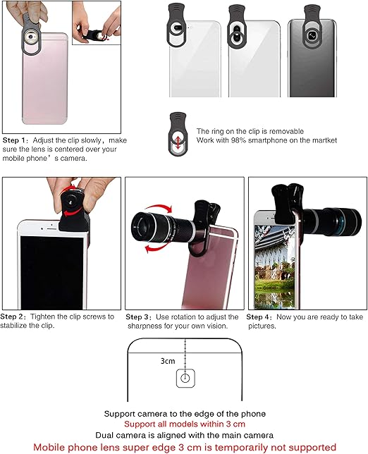 Cell Phone Camera Lens Kit,11 in 1 Universal 20x Telephoto Lens,0.63Wide Angle+15X Macro+198°Fisheye+2X Telephoto+Kaleidoscope+CPL/Starlight/Eyemask/Tripod,for Most iPhone Smartphone (Black) - Image 4