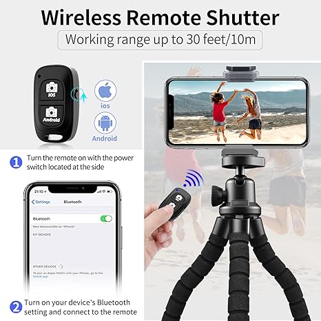 Aureday Phone Tripod, Flexible Tripod for iPhone and Android Cell Phone, Portable Small Tripod with Wireless Remote and Clip for Video Recording/Vlogging/Selfie Black - Image 4